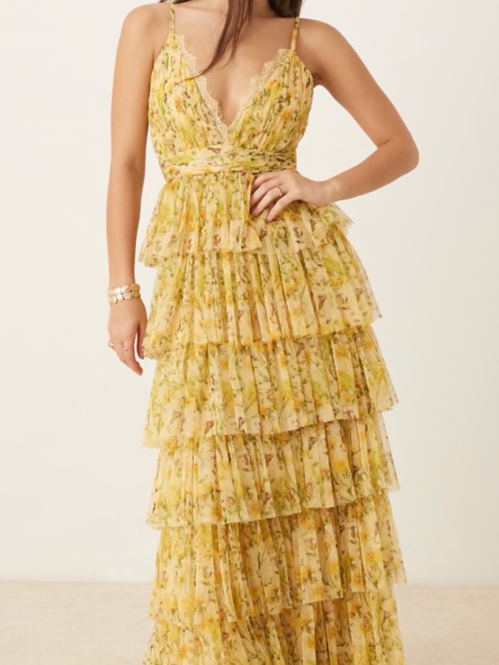Sunlit Yellow Floral Tiered Maxi Dress with Lace Trim